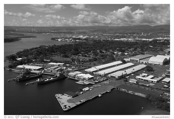 Hickam AFB and Pearl Harbor. Honolulu, Oahu island, Hawaii, USA (black and white)