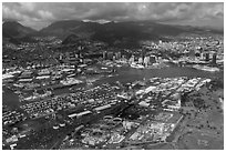 Aerial view of harbor. Honolulu, Oahu island, Hawaii, USA (black and white)