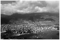 Honolulu from the air. Honolulu, Oahu island, Hawaii, USA (black and white)