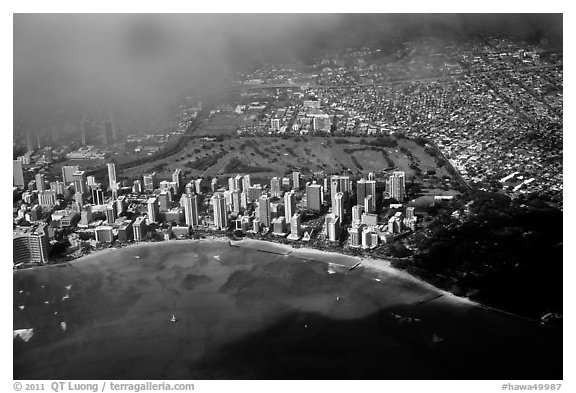 Aerial view of Kapiolani Park. Honolulu, Oahu island, Hawaii, USA (black and white)