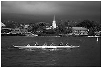 Outrigger canoe and Mokuaikaua church, Kailua-Kona. Hawaii, USA ( black and white)