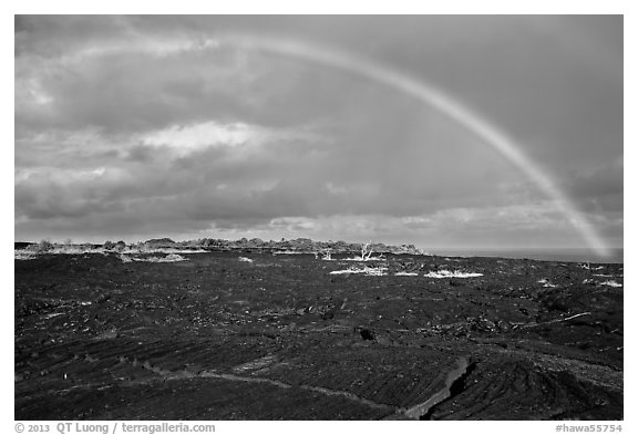Rainbow over lava fields, Kalapana. Big Island, Hawaii, USA (black and white)