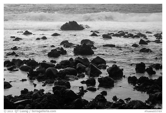 Volcanic rocks and surf, Pohoiki. Big Island, Hawaii, USA (black and white)