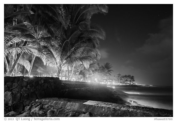 Waterfront at night, Kailua-Kona. Hawaii, USA (black and white)