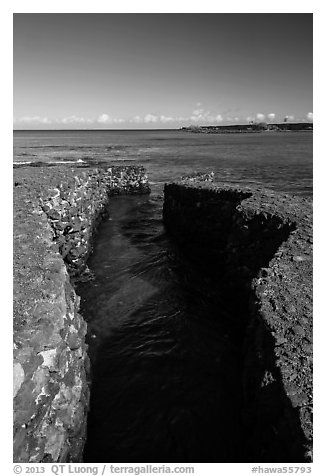 Walled stream and Kiholo Bay. Big Island, Hawaii, USA (black and white)