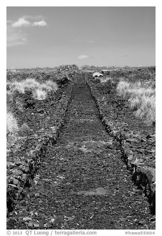 Ancient road made of lava rocks, Kaloko-Honokohau National Historical Park. Hawaii, USA (black and white)