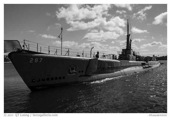 USS Bowfin submarine, Pearl Harbor. Oahu island, Hawaii, USA (black and white)