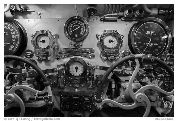 Depth gauges and controls, USS Bowfin submarine, Pearl Harbor. Oahu island, Hawaii, USA (black and white)