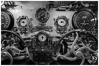 Depth gauges and controls, USS Bowfin submarine, Pearl Harbor. Oahu island, Hawaii, USA ( black and white)