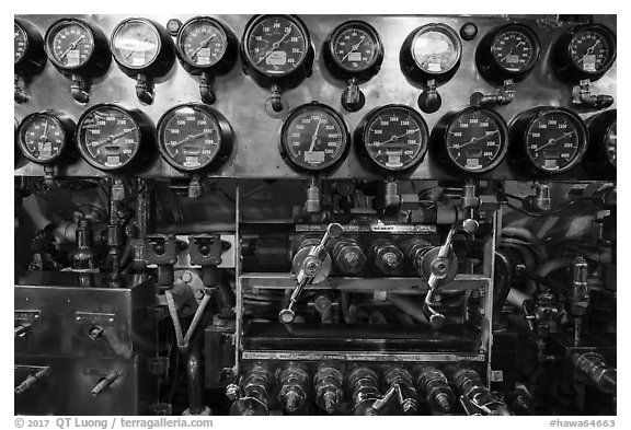 Meters, USS Bowfin submarine, Pearl Harbor. Oahu island, Hawaii, USA (black and white)