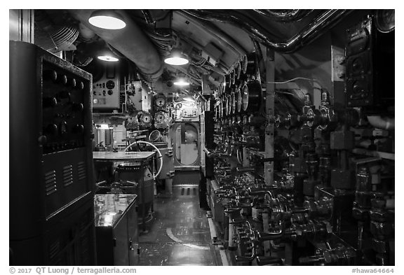 Inside of USS Bowfin submarine, Pearl Harbor. Oahu island, Hawaii, USA (black and white)