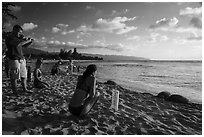 Visitors view sea turtles on Laniakea Beach. Oahu island, Hawaii, USA ( black and white)