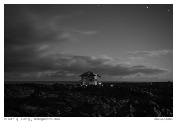 Lone house on the lava field at night, Kalapana. Big Island, Hawaii, USA (black and white)