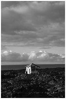 House, lava field, and Ocean, Kalapana. Big Island, Hawaii, USA ( black and white)