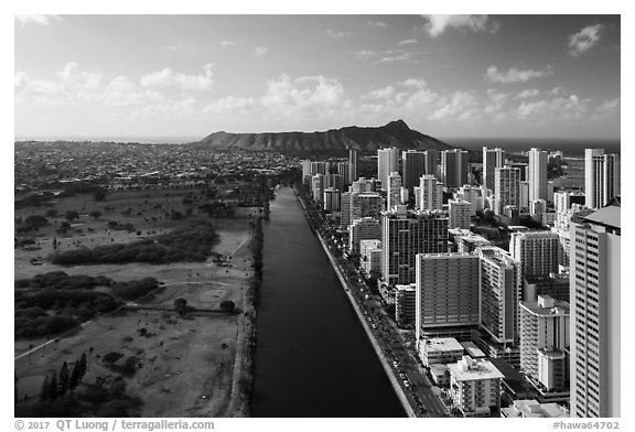 Aerial view of Ala Wai Canal and downtown Waikiki. Honolulu, Oahu island, Hawaii, USA (black and white)