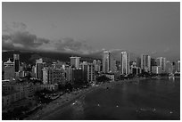 Aerial view of Waikiki Beach and skyline at dusk. Honolulu, Oahu island, Hawaii, USA ( black and white)