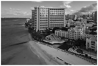 Aerial view of Royal Hawaiian Hotel and Waikiki. Waikiki, Honolulu, Oahu island, Hawaii, USA ( black and white)