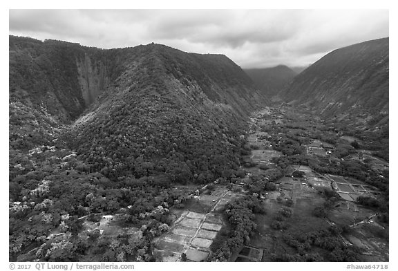 Aerial view of fields and steep slopes, Waipio Valley. Big Island, Hawaii, USA (black and white)