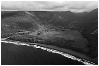 Aerial view of beach and Waipio Valley. Big Island, Hawaii, USA ( black and white)