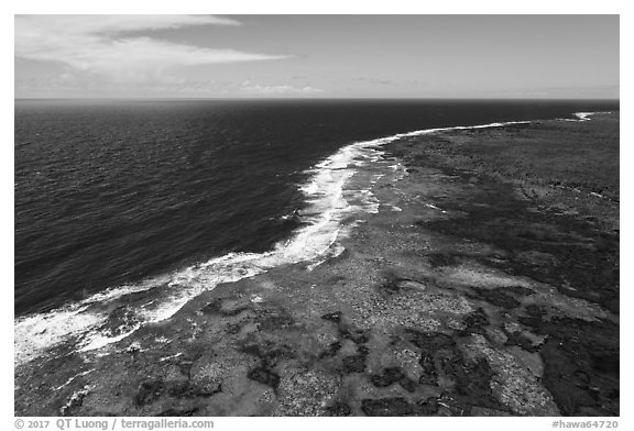 Aerial view of Kapoho tidepools and coast. Big Island, Hawaii, USA (black and white)
