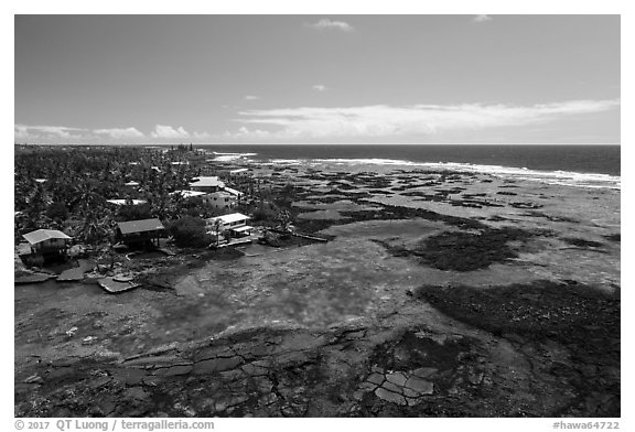 Aerial view of Kapoho tidepools and houses. Big Island, Hawaii, USA (black and white)