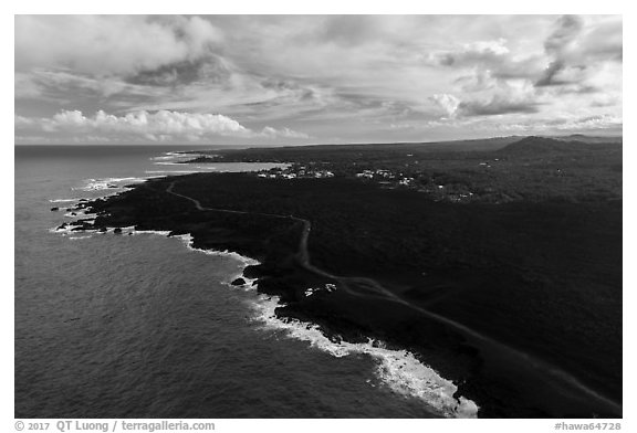 Aerial view of lava field and coastline near Cape Kumukahi. Big Island, Hawaii, USA (black and white)