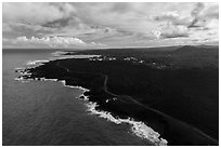 Aerial view of lava field and coastline near Cape Kumukahi. Big Island, Hawaii, USA ( black and white)