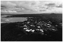 Aerial view of residential community on edge of lava field. Big Island, Hawaii, USA ( black and white)