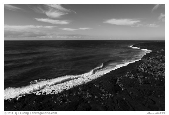 Aerial view of Kaimu Beach. Big Island, Hawaii, USA (black and white)