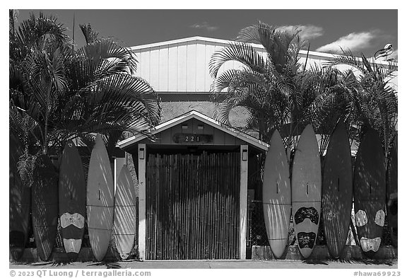 Door framed with surfboards, Paia. Maui, Hawaii, USA