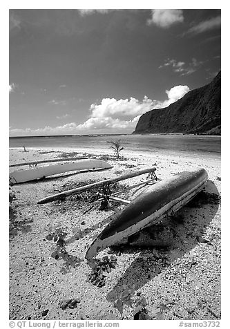 Traditional polynesian canoes near the Asaga Strait, Ofu Island. American Samoa