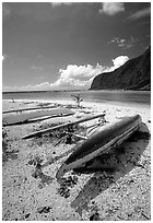 Traditional polynesian canoes near the Asaga Strait, Ofu Island. American Samoa (black and white)