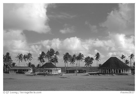 Homes near the ocean in Vailoa. Tutuila, American Samoa (black and white)