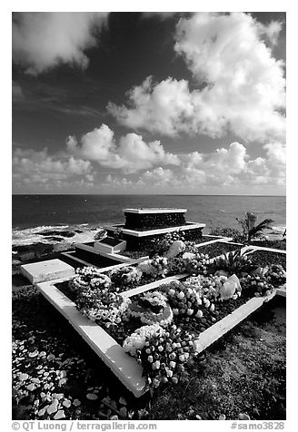 Tombs near the ocean in Vailoa. Tutuila, American Samoa (black and white)