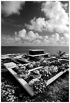 Tombs near the ocean in Vailoa. Tutuila, American Samoa (black and white)