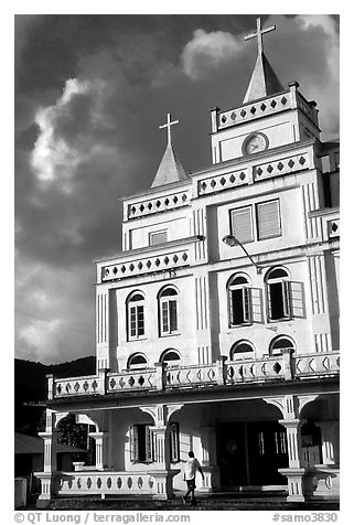 The main church in Leone, the first chuch on American Samoa. Tutuila, American Samoa (black and white)