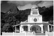 Church and verdant hills in Afono. Tutuila, American Samoa (black and white)