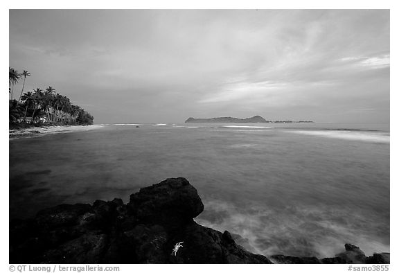 Sunset over Aunuu island with crab on basalt rock. Aunuu Island, American Samoa (black and white)