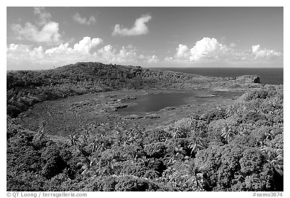 View of the island interior with Red Lake. Aunuu Island, American Samoa (black and white)