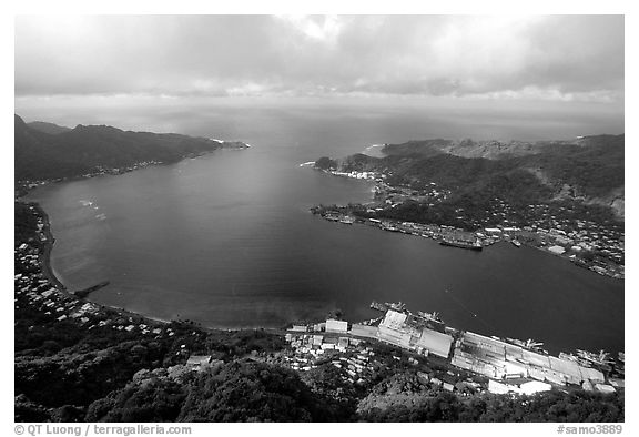 Pago Pago harbor seen from Mount Alava. Pago Pago, Tutuila, American Samoa (black and white)