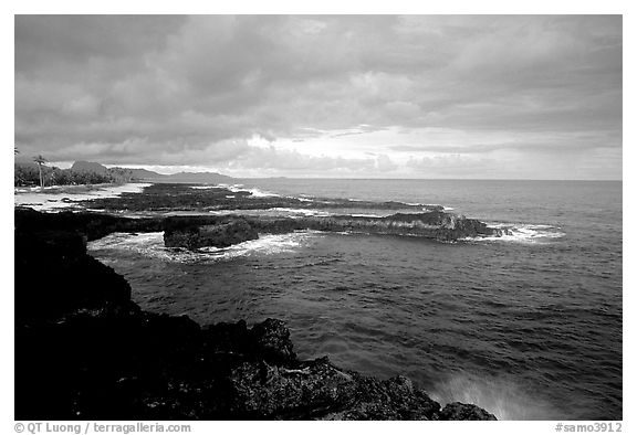 Balsalt rocks on the Vaitogi coast, site of the Shark and Turtle legend. Tutuila, American Samoa (black and white)