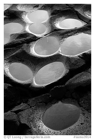 Ancient grinding stones holes (foaga) near Leone. Tutuila, American Samoa (black and white)