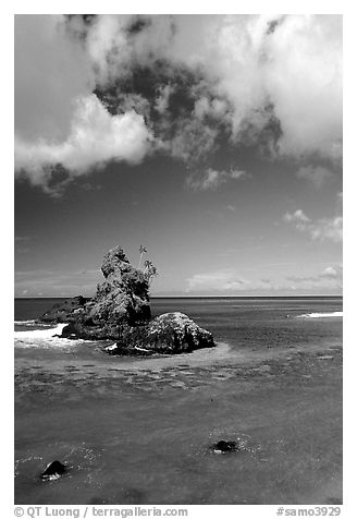 Rocky islet near Maa Kamela. Tutuila, American Samoa (black and white)