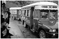 Colorful aiga busses, Pago Pago. Pago Pago, Tutuila, American Samoa (black and white)