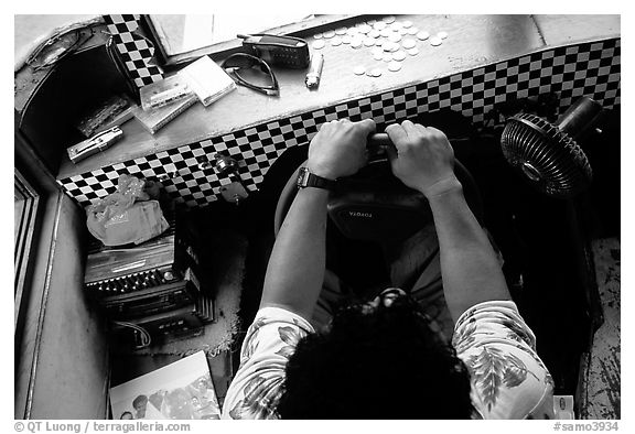 Aiga bus driver's seat and sound system. Pago Pago, Tutuila, American Samoa (black and white)