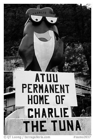 Statue of Charlie the Tuna. One third of the islanders work in tuna can factories.. Pago Pago, Tutuila, American Samoa