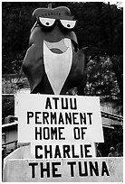 Statue of Charlie the Tuna. One third of the islanders work in tuna can factories.. Pago Pago, Tutuila, American Samoa (black and white)