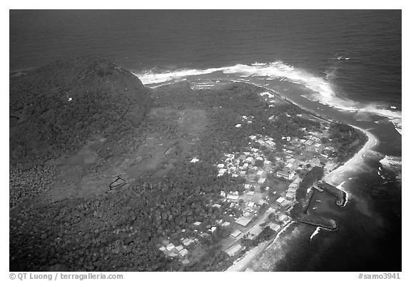 Aerial view of Aanuu village. Aunuu Island, American Samoa (black and white)