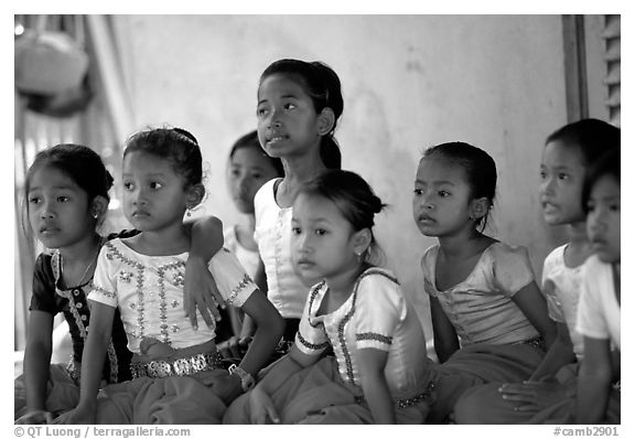 Girls learn traditional singing at  Apsara Arts  school. Phnom Penh, Cambodia