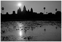 Angkor Wat reflected in pond at sunrise. Angkor, Cambodia (black and white)